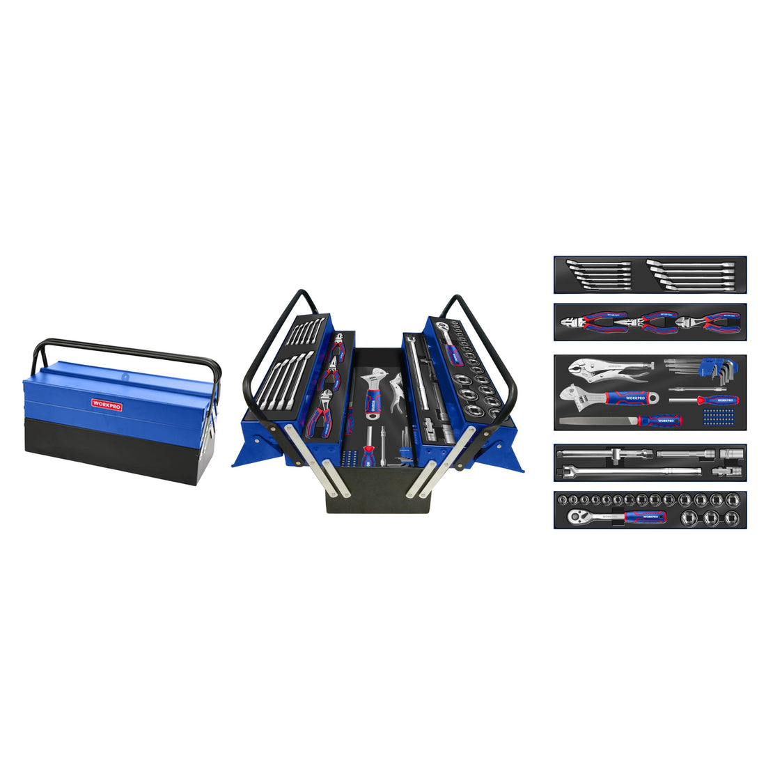 WorkPro, 93-Piece Tool Set with 5-Tray Cantilever Tool Box, 1/2-inch Ratchet and Socket Set