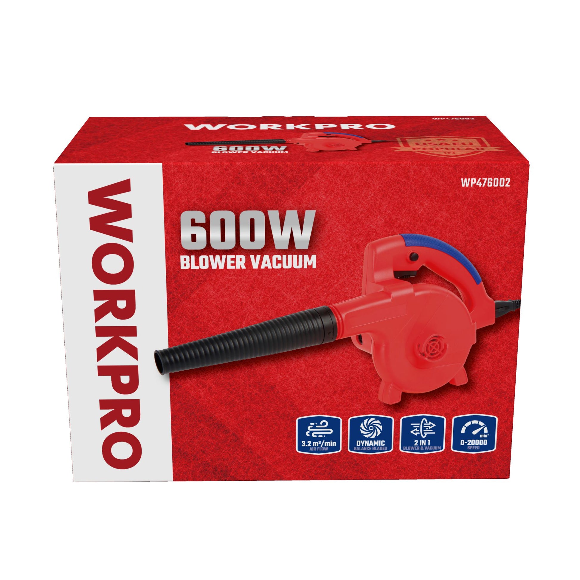 مكنسة ونفاخ WORKPRO 600W، WP476002، 220-240 فولت، سرعة متغيرة، تنظيف أسرع وأسهل