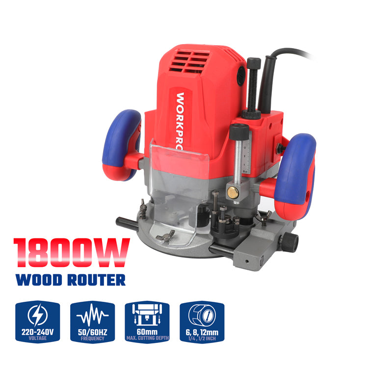 ROUTER WORKPRO 12.7mm (1/2"), WP473000، 1800 واط، سرعة 23000 دورة/دقيقة، عمق قطع 60 مم، دقة تشغيل عالية
