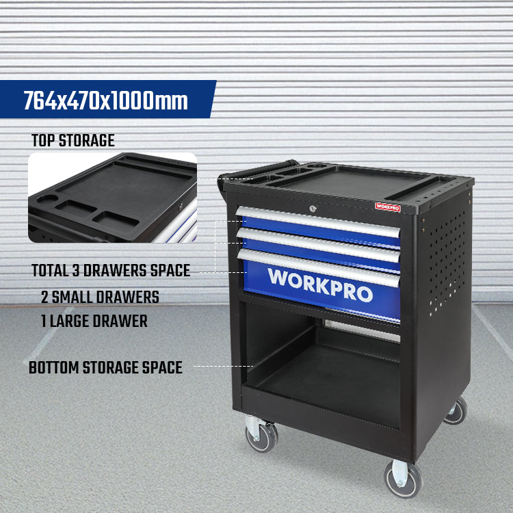عربة أدوات 3 أدراج بعجلات، WP285005، 764x470x1000 مم، فرامل آمنة وتنقل سهل