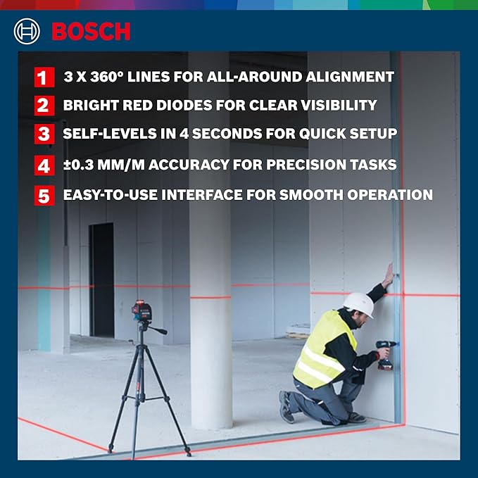 ليزر مستوى Bosch GLL3-80G30M، مع ستاند، ثلاثي الخطوط، تسوية تلقائية، دقة عالية للمحاذاة - 2