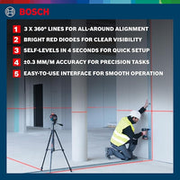 ليزر مستوى Bosch GLL3-80G30M، مع ستاند، ثلاثي الخطوط، تسوية تلقائية، دقة عالية للمحاذاة - 2