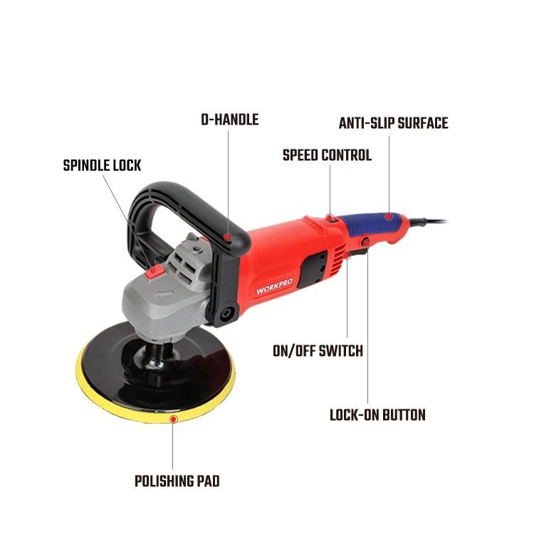 WORKPRO POLISHER، WP472404، 1400 واط، سرعة 1500-3800 دورة/دقيقة، تلميع فعّال ومتوازن