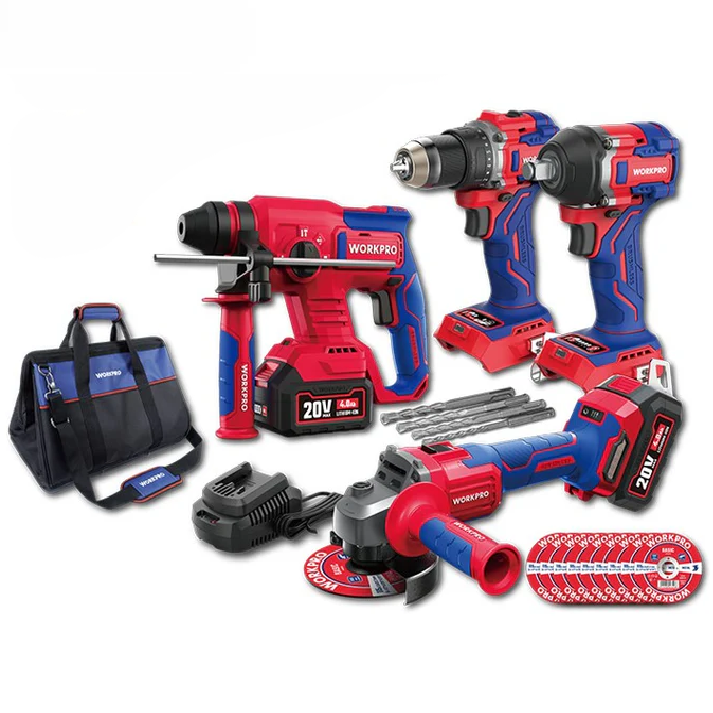 WorkPro, 20V Brushless Combo Kit - Drill, Wrench, Hammer, Grinder, Powerful Multi-Tool Set