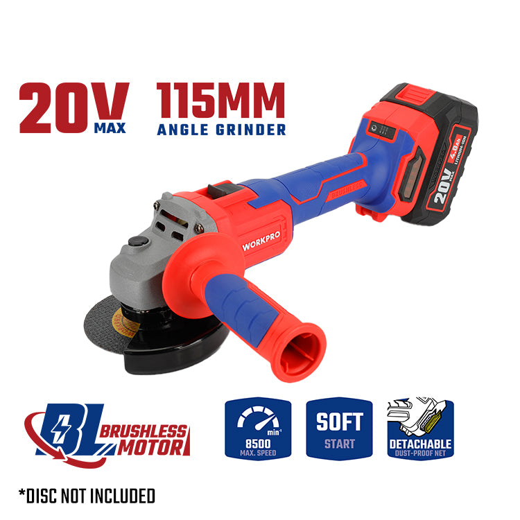 صاروخ زاوية لاسلكي 20V 115 مم بدون فرش، WP392003، 4000/6000/8500 دورة/دقيقة، أداء قطع وتجليخ عملي