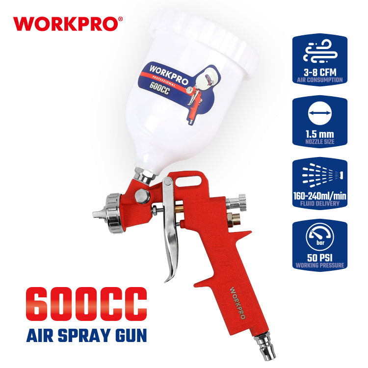 مسدس رش طلاء، WP512006، ضغط 50psi، فوهة 1.5 مم، كوب 600 مل، رش متساوٍ ودقيق