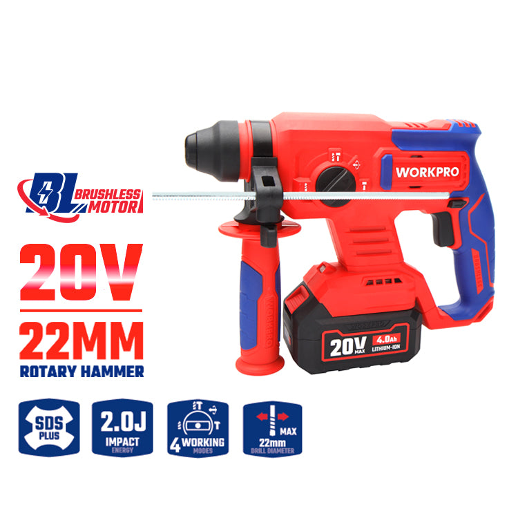 مثقاب مطرقي دوار لاسلكي 20 فولت، WP390300، 2 جول، 1350 دورة/دقيقة، حتى 22 مم، حفر أسرع وأقوى