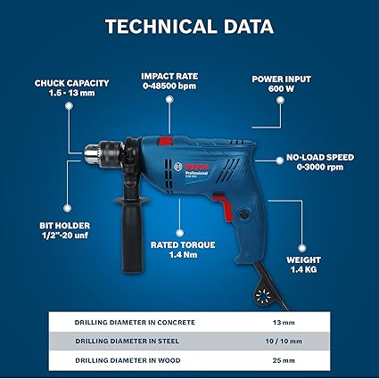 دريل Bosch W/Accessories، GSB600، 600 واط، 3000 لفة/دقيقة، أداء حفر قوي وسريع