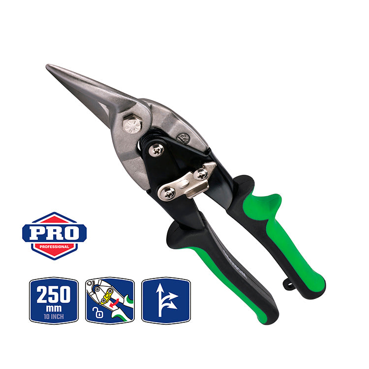 مقص صفائح طيران مستقيم، WP214015، 250 مم 10 بوصة، أسنان مسننة ومقبض مريح لمنع الانزلاق