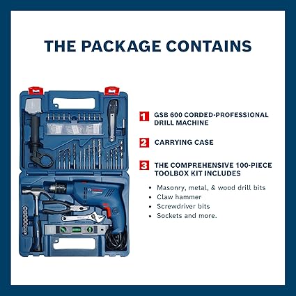 دريل Bosch W/Accessories، GSB600، 600 واط، 3000 لفة/دقيقة، أداء حفر قوي وسريع
