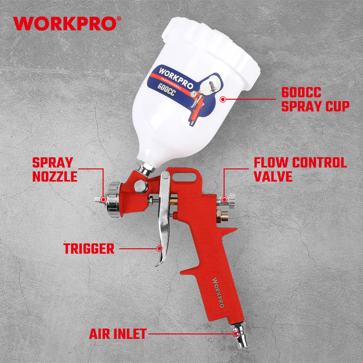مسدس رش طلاء، WP512006، ضغط 50psi، فوهة 1.5 مم، كوب 600 مل، رش متساوٍ ودقيق