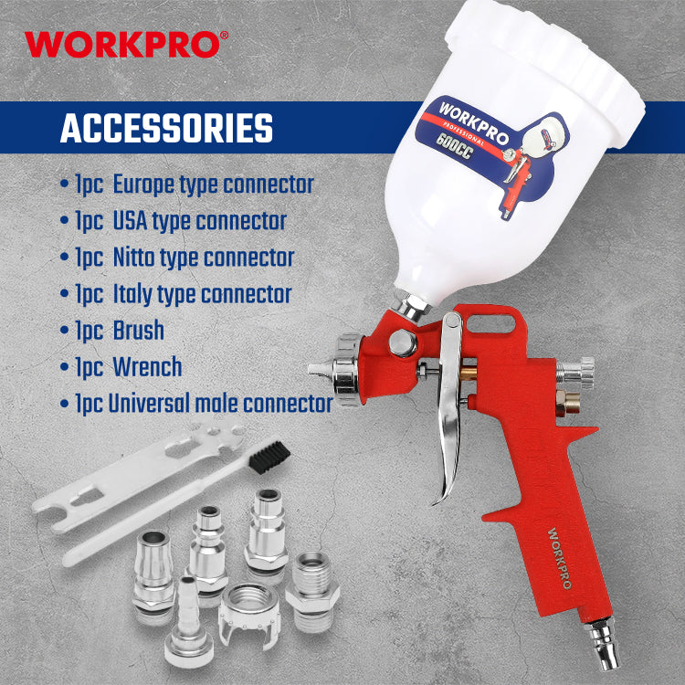 مسدس رش طلاء، WP512006، ضغط 50psi، فوهة 1.5 مم، كوب 600 مل، رش متساوٍ ودقيق