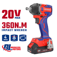 مفتاح صدمات 20V بدون فحمات 1/2 بوصة، WP390225، عزم 360 نيوتن متر، أداء قوي لفك وربط البراغي