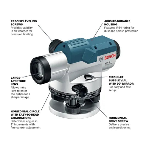 ميزان ليزر Bosch GOL32 W/Stand، موديل GOL32، عدسة 26x، يدوي/تلقائي، دقة قياس ثابتة ومريحة - 3